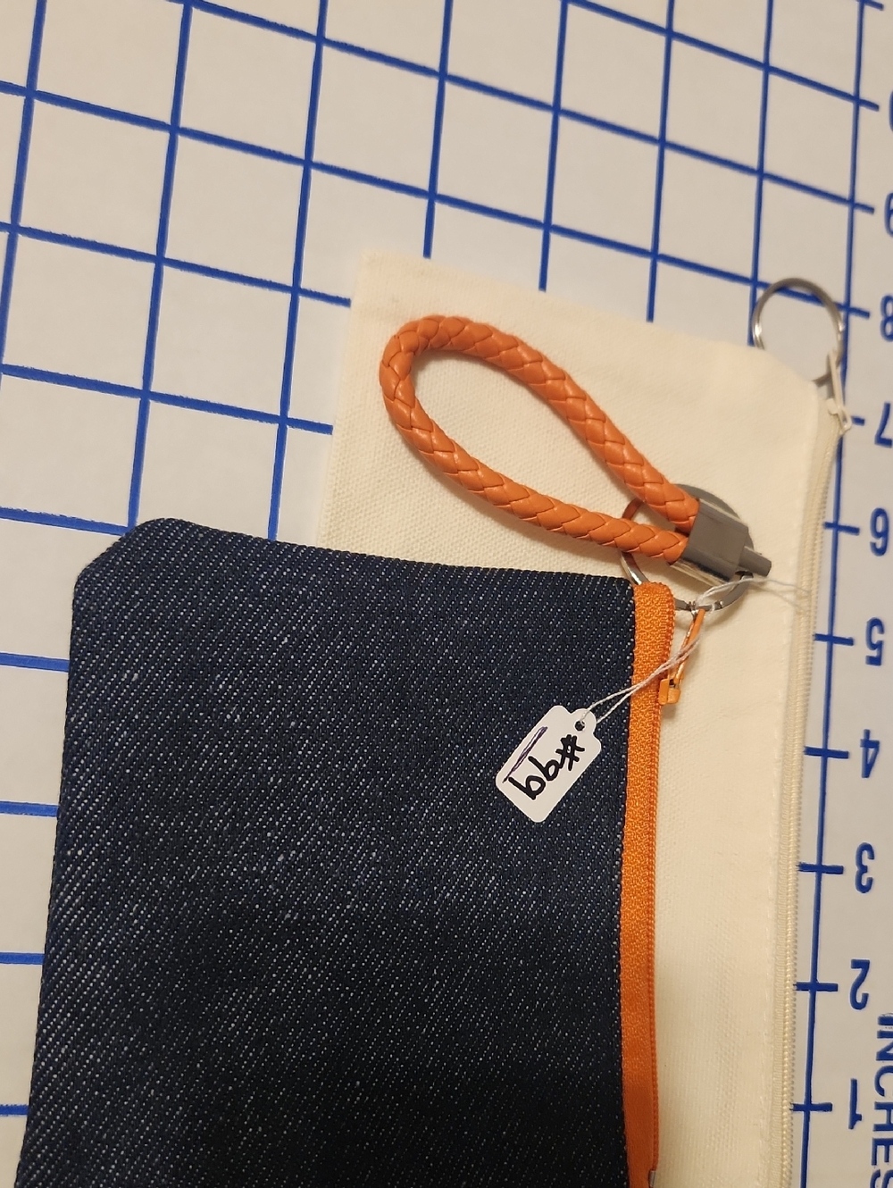 Denim Zip Pouch with Orange Strap